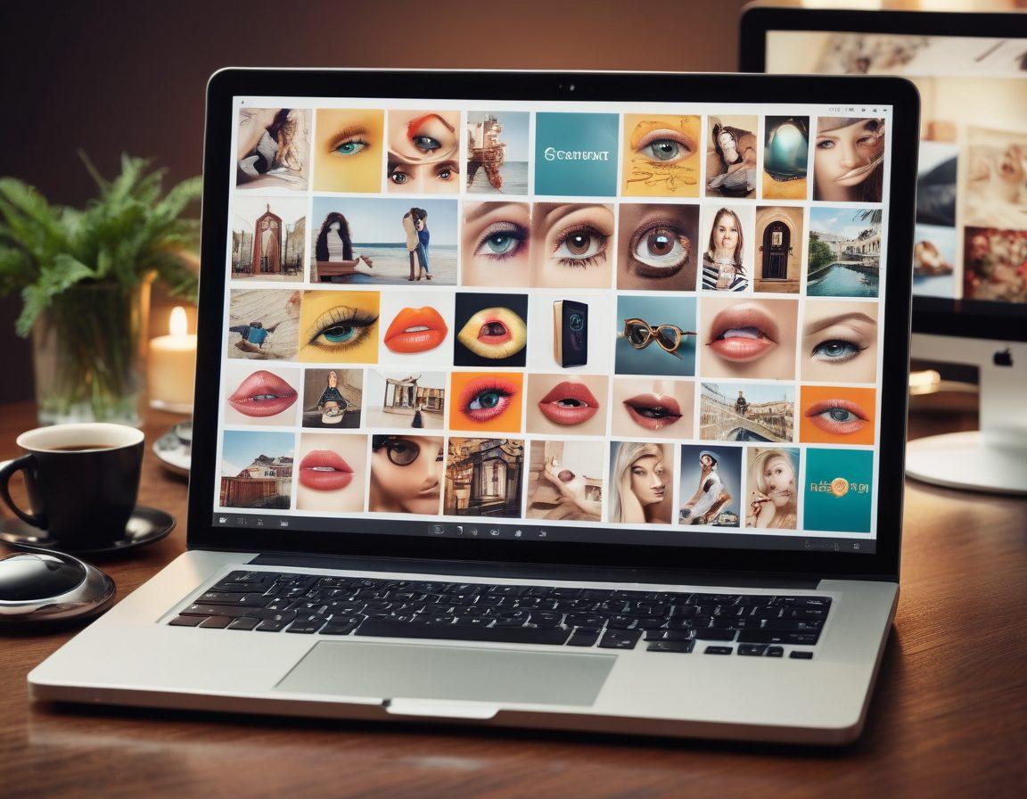 A visually engaging layout showcasing a computer screen displaying various adult galleries with complimentary images and stock photos. Include elements like a magnifying glass hovering over a selection of stunning visuals, an open laptop with an elegant design, and artistic icons representing photography and adult content. The background should be soft and subdued, focusing attention on the digital elements. Super-realistic. vibrant colors. elegant design.